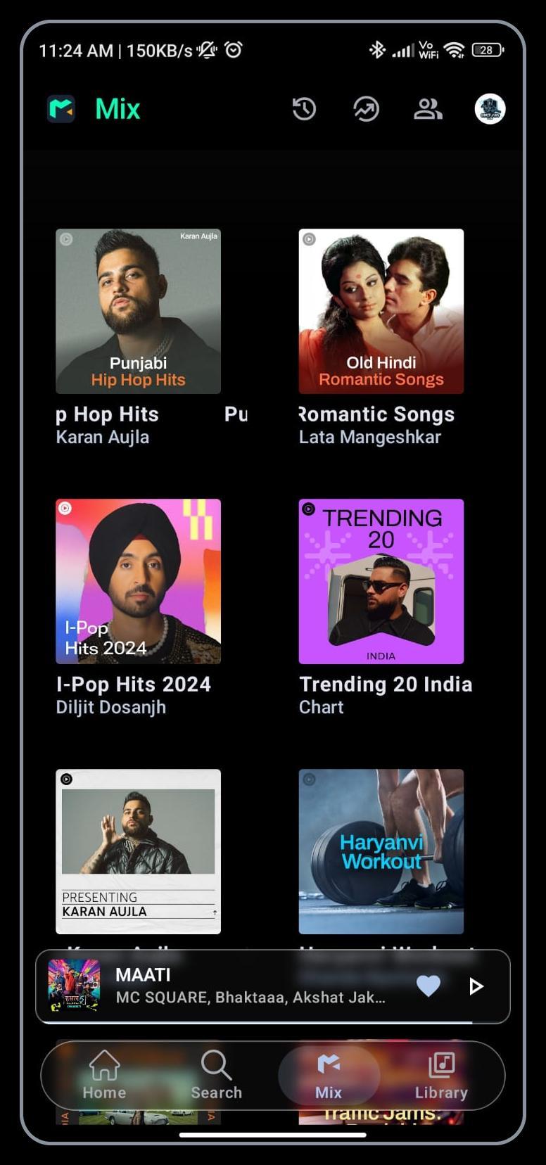 Mixes app screen
